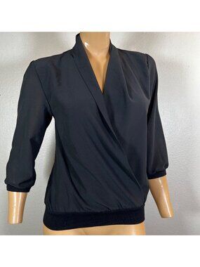 Rhapsodielle Womans Blouse Med Black Faux Wrap 3/4 Sleeve Semi Sheer Solid